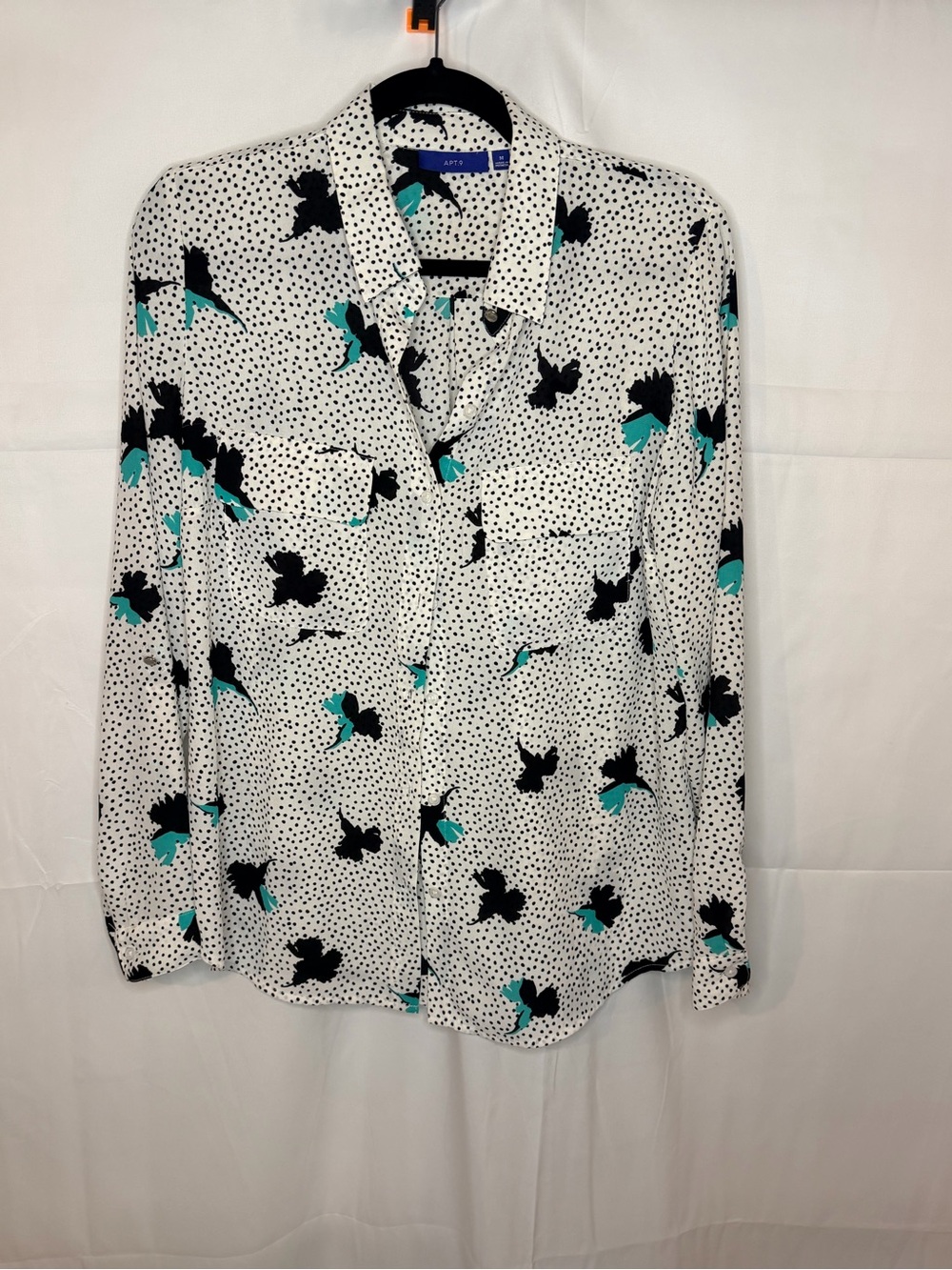 Apt. 9 Cream Blouse with Black Polka Dots and Teal Floral Accents
